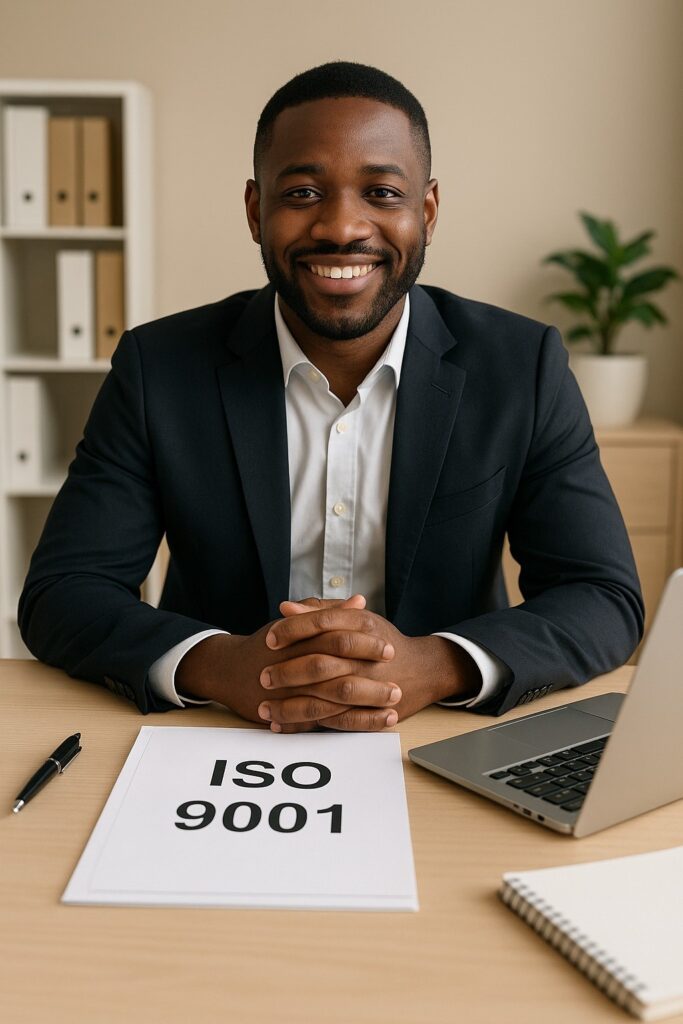 ISO certification Ghana — Ghanaian entrepreneur facing rejection outside his warehouse while competitors win ISO-certified contracts