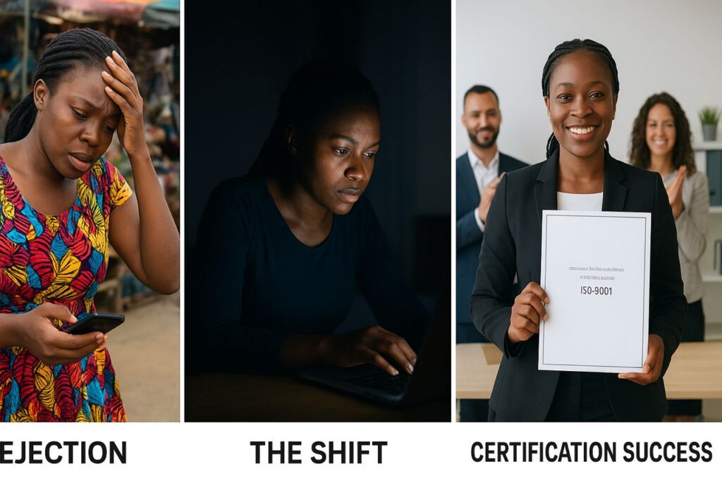 The journey of a Ghanaian businesswoman: first stressed while reading a rejection message on her phone, then researching ISO 9001 certification on her laptop at night, and finally celebrating in her office while proudly holding an ISO 9001 certificate with her team applauding.